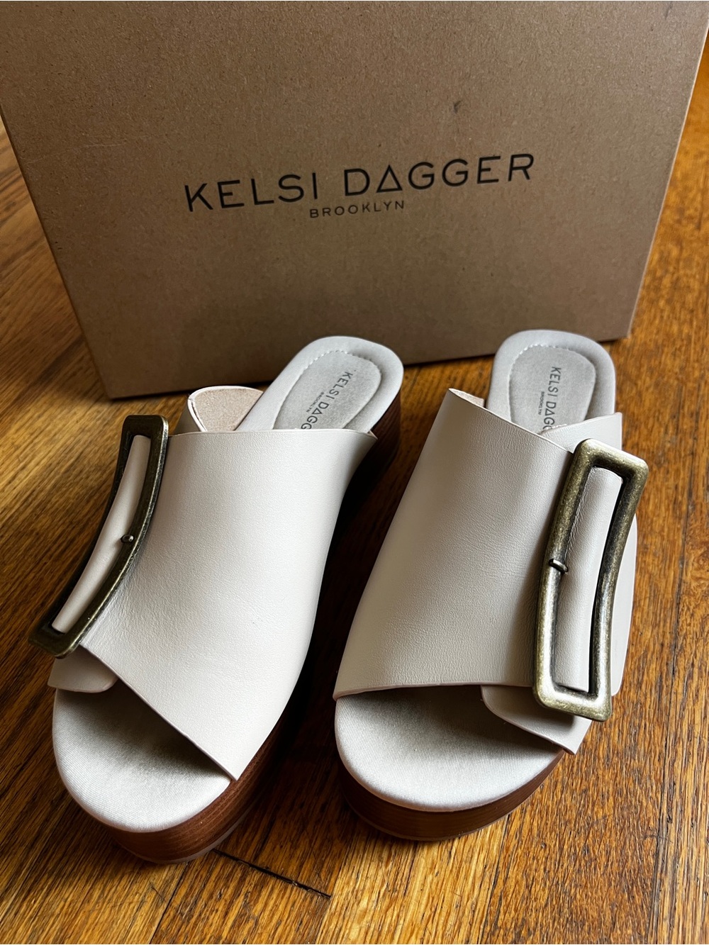 Kelsi Dagger Brooklyn - Doverva “white wash” Cream Slide Mules with Brass Buckle